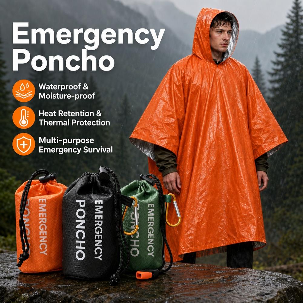 Camping Rain Poncho - Tragbares Notfall-Regenponcho-Set, wasserdichter Regenmantel mit Kapuze,